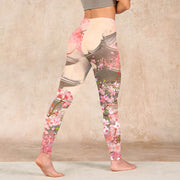 Buddha Stones Pink Sakura Antique Building Print Fitness Leggings Women's Yoga Pants Leggings BS 4