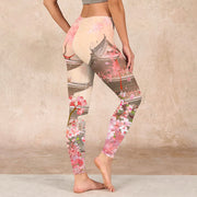 Buddha Stones Pink Sakura Antique Building Print Fitness Leggings Women's Yoga Pants