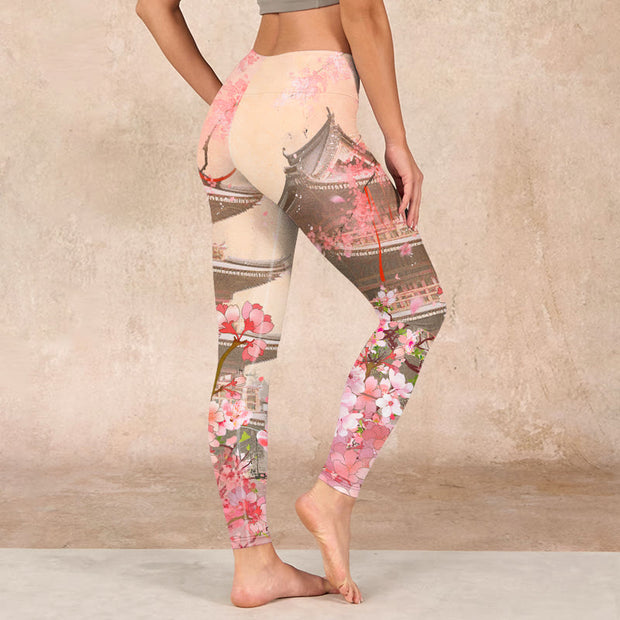 Buddha Stones Pink Sakura Antique Building Print Fitness Leggings Women's Yoga Pants Leggings BS 2