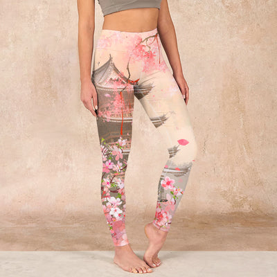 Buddha Stones Pink Sakura Antique Building Print Fitness Leggings Women's Yoga Pants - LavenderBlush - US18，UK/AU22，EU50 (4XL) - image 1