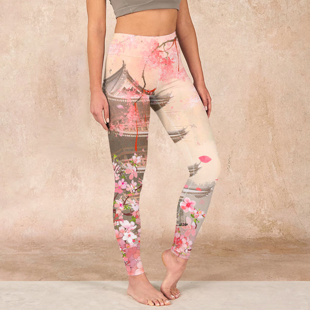 Buddha Stones Pink Sakura Antique Building Print Fitness Leggings Women's Yoga Pants - LavenderBlush - US18，UK/AU22，EU50 (4XL) - image 1