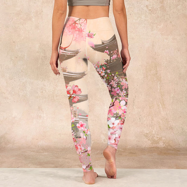 Buddha Stones Pink Sakura Antique Building Print Fitness Leggings Women's Yoga Pants - image 15