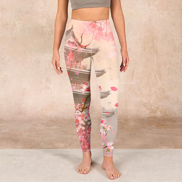 Buddha Stones Pink Sakura Antique Building Print Fitness Leggings Women's Yoga Pants Leggings BS 1