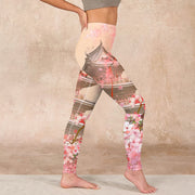 Buddha Stones Pink Sakura Antique Building Print Fitness Leggings Women's Yoga Pants