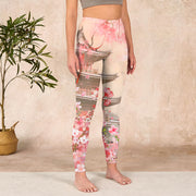 Buddha Stones Pink Sakura Antique Building Print Fitness Leggings Women's Yoga Pants Leggings BS 3