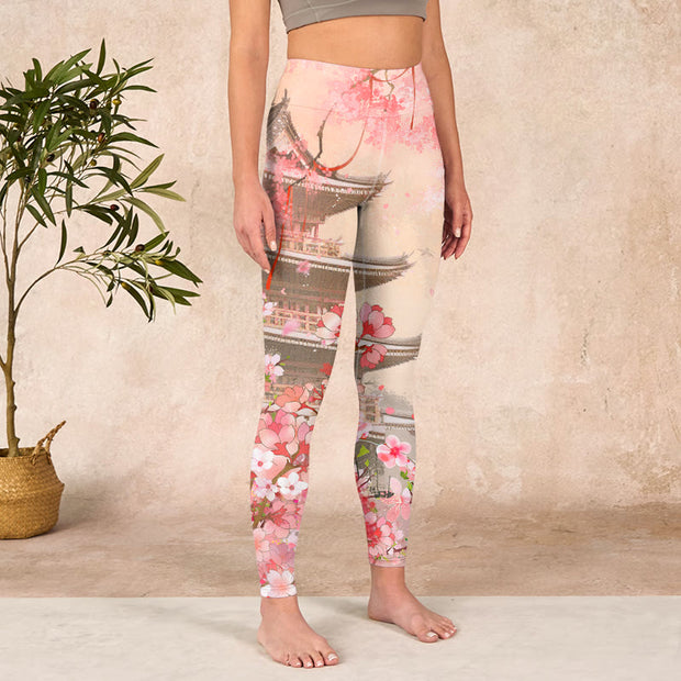 Buddha Stones Pink Sakura Antique Building Print Fitness Leggings Women's Yoga Pants