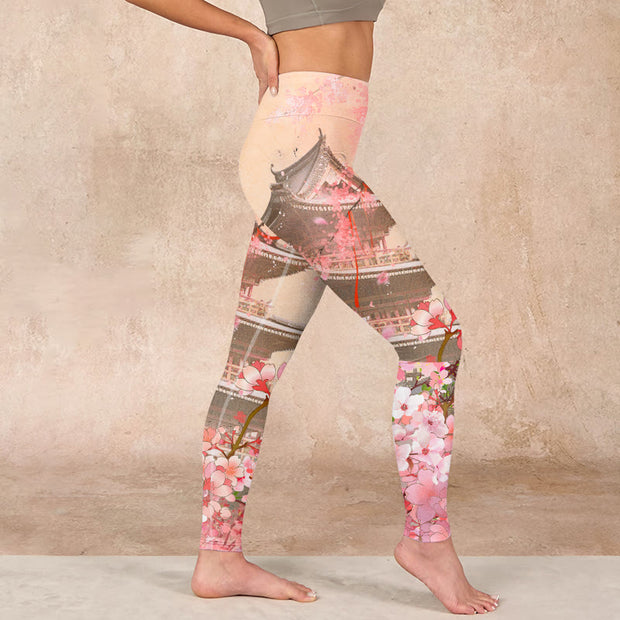 Buddha Stones Pink Sakura Antique Building Print Fitness Leggings Women's Yoga Pants Leggings BS 17