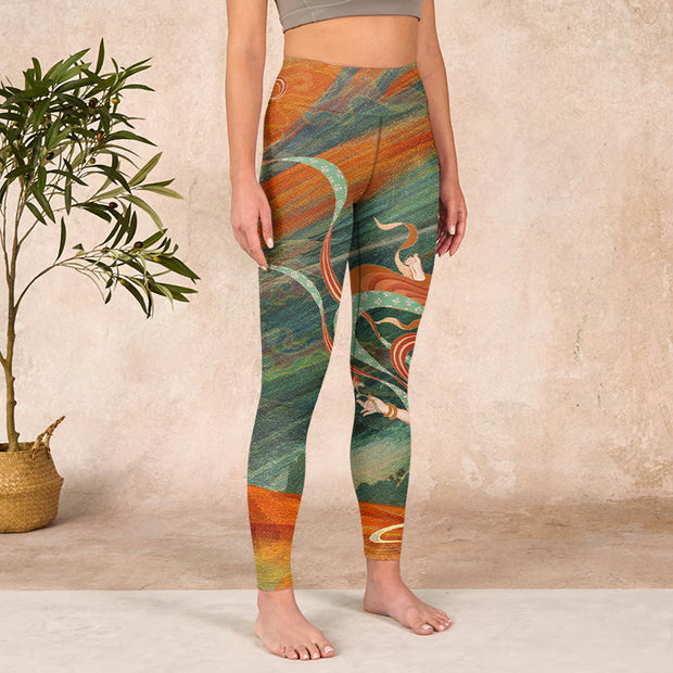 Buddha Stones Dunhuang Flying Apsaras Print Gym Leggings Women's Yoga Pants Leggings BS 3