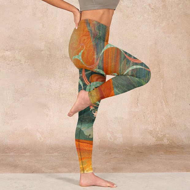 Buddha Stones Dunhuang Flying Apsaras Print Gym Leggings Women's Yoga Pants