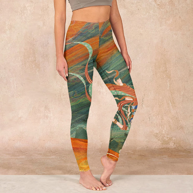 Buddha Stones Dunhuang Flying Apsaras Print Gym Leggings Women's Yoga Pants - OliveDrab - US18，UK/AU22，EU50 (4XL) - image 1