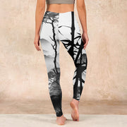 Buddha Stones Ink Painting Bamboo Pine Mountain Scenery Print Gym Leggings Women's Yoga Pants Leggings BS 15