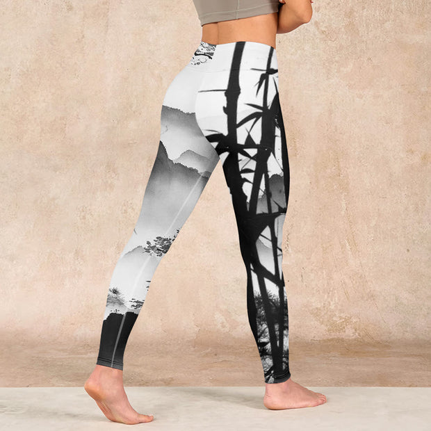 Buddha Stones Ink Painting Bamboo Pine Mountain Scenery Print Gym Leggings Women's Yoga Pants