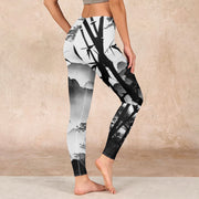 Buddha Stones Ink Painting Bamboo Pine Mountain Scenery Print Gym Leggings Women's Yoga Pants Leggings BS 2