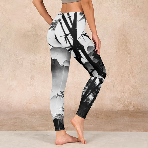 Buddha Stones Ink Painting Bamboo Pine Mountain Scenery Print Gym Leggings Women's Yoga Pants