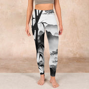Buddha Stones Ink Painting Bamboo Pine Mountain Scenery Print Gym Leggings Women's Yoga Pants - image 2