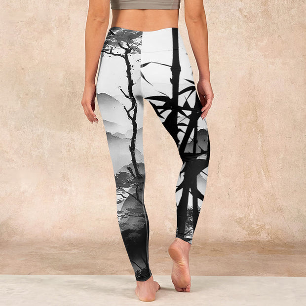 Buddha Stones Ink Painting Bamboo Pine Mountain Scenery Print Gym Leggings Women's Yoga Pants