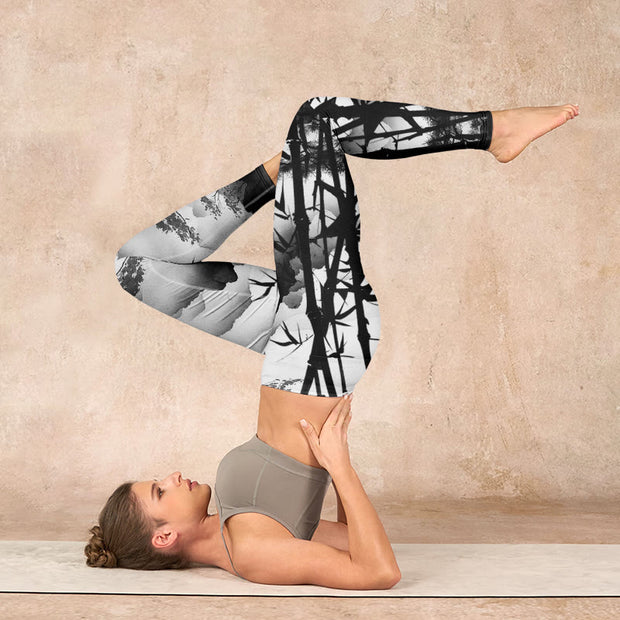 Buddha Stones Ink Painting Bamboo Pine Mountain Scenery Print Gym Leggings Women's Yoga Pants - image 8