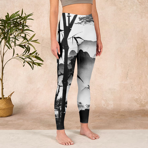 Buddha Stones Ink Painting Bamboo Pine Mountain Scenery Print Gym Leggings Women's Yoga Pants