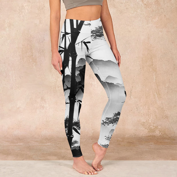 Buddha Stones Ink Painting Bamboo Pine Mountain Scenery Print Gym Leggings Women's Yoga Pants - DarkGray - US18，UK/AU22，EU50 (4XL) - image 1