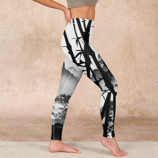 Buddha Stones Ink Painting Bamboo Pine Mountain Scenery Print Gym Leggings Women's Yoga Pants Leggings BS 17