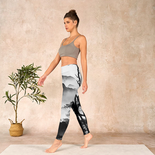 Buddha Stones Ink Painting Bamboo Pine Mountain Scenery Print Gym Leggings Women's Yoga Pants