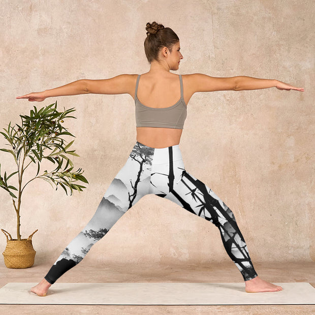 Buddha Stones Ink Painting Bamboo Pine Mountain Scenery Print Gym Leggings Women's Yoga Pants - image 11