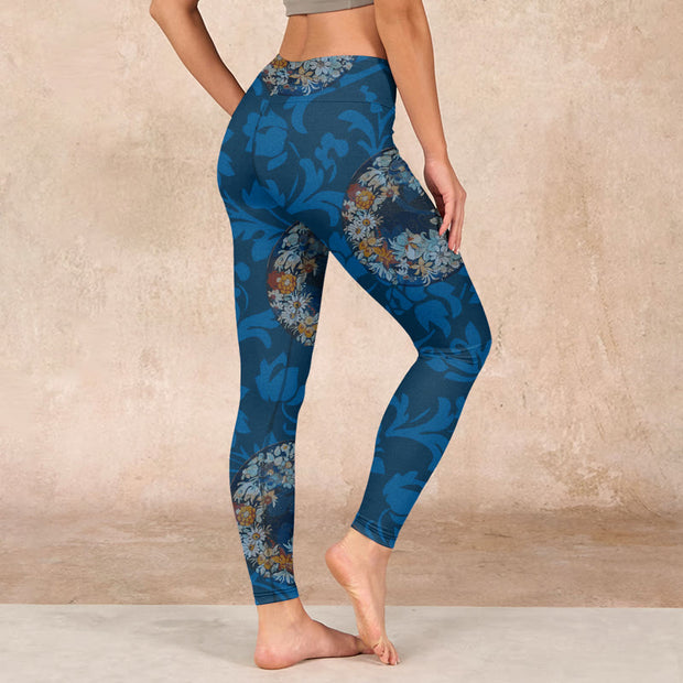 Buddha Stones Dark Blue Flowers In Bloom Print Sports Leggings Women's Yoga Pants