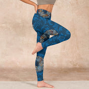 Buddha Stones Dark Blue Flowers In Bloom Print Sports Leggings Women's Yoga Pants