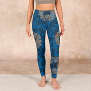 Buddha Stones Dark Blue Flowers In Bloom Print Sports Leggings Women's Yoga Pants Leggings BS 1