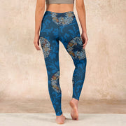 Buddha Stones Dark Blue Flowers In Bloom Print Sports Leggings Women's Yoga Pants Leggings BS 15