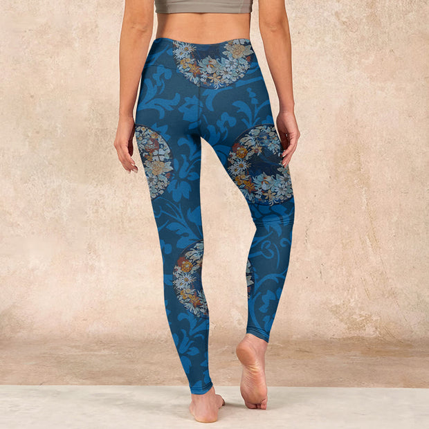 Buddha Stones Dark Blue Flowers In Bloom Print Sports Leggings Women's Yoga Pants