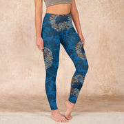 Buddha Stones Dark Blue Flowers In Bloom Print Sports Leggings Women's Yoga Pants - SteelBlue - US18，UK/AU22，EU50 (4XL) - image 1