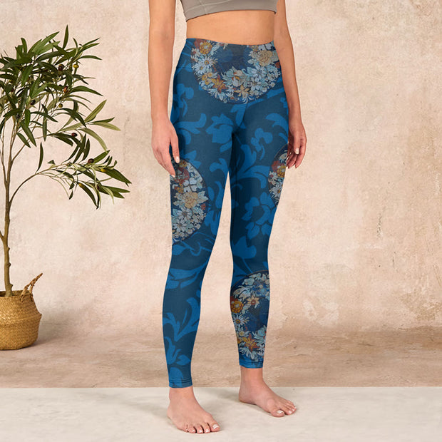 Buddha Stones Dark Blue Flowers In Bloom Print Sports Leggings Women's Yoga Pants Leggings BS 3