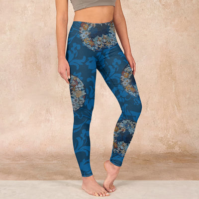 Buddha Stones Dark Blue Flowers In Bloom Print Sports Leggings Women's Yoga Pants Leggings BS SteelBlue US18，UK/AU22，EU50 (4XL)