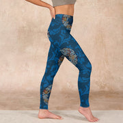 Buddha Stones Dark Blue Flowers In Bloom Print Sports Leggings Women's Yoga Pants