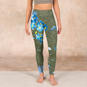 Buddha Stones Blue Flowers Butterflies Print Gym Leggings Women's Yoga Pants Leggings BS 1