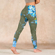 Buddha Stones Blue Flowers Butterflies Print Gym Leggings Women's Yoga Pants Leggings BS 4