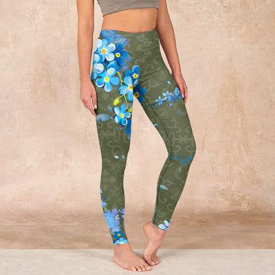 Buddha Stones Blue Flowers Butterflies Print Gym Leggings Women's Yoga Pants