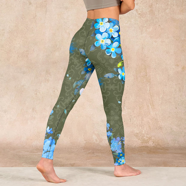 Buddha Stones Blue Flowers Butterflies Print Gym Leggings Women's Yoga Pants