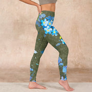 Buddha Stones Blue Flowers Butterflies Print Gym Leggings Women's Yoga Pants Leggings BS 17