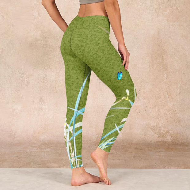 Buddha Stones Green Butterfly Orchid Flowers Print Gym Leggings Women's Yoga Pants