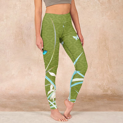 Buddha Stones Green Butterfly Orchid Flowers Print Gym Leggings Women's Yoga Pants - OliveDrab - US18，UK/AU22，EU50 (4XL) - image 1