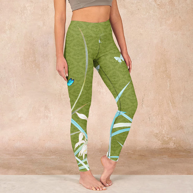 Buddha Stones Green Butterfly Orchid Flowers Print Gym Leggings Women's Yoga Pants - OliveDrab - US18，UK/AU22，EU50 (4XL) - image 1