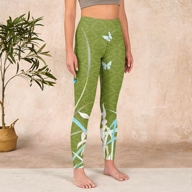 Buddha Stones Green Butterfly Orchid Flowers Print Gym Leggings Women's Yoga Pants - image 4
