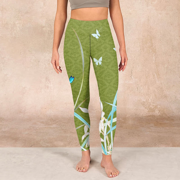 Buddha Stones Green Butterfly Orchid Flowers Print Gym Leggings Women's Yoga Pants - image 2