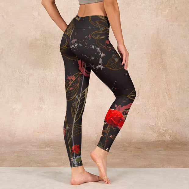 Buddha Stones Red Roses Print Gym Leggings Women's Yoga Pants Leggings BS 2