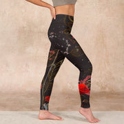 Buddha Stones Red Roses Print Gym Leggings Women's Yoga Pants