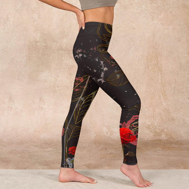 Buddha Stones Red Roses Print Gym Leggings Women's Yoga Pants Leggings BS 17