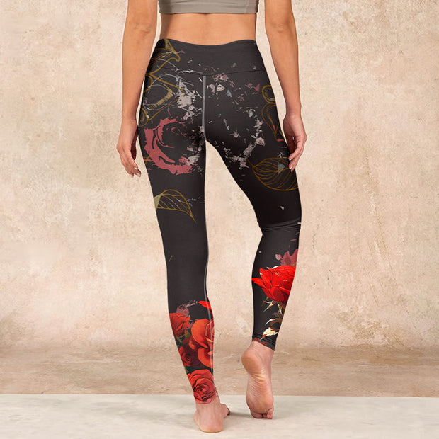 Buddha Stones Red Roses Print Gym Leggings Women's Yoga Pants - image 15