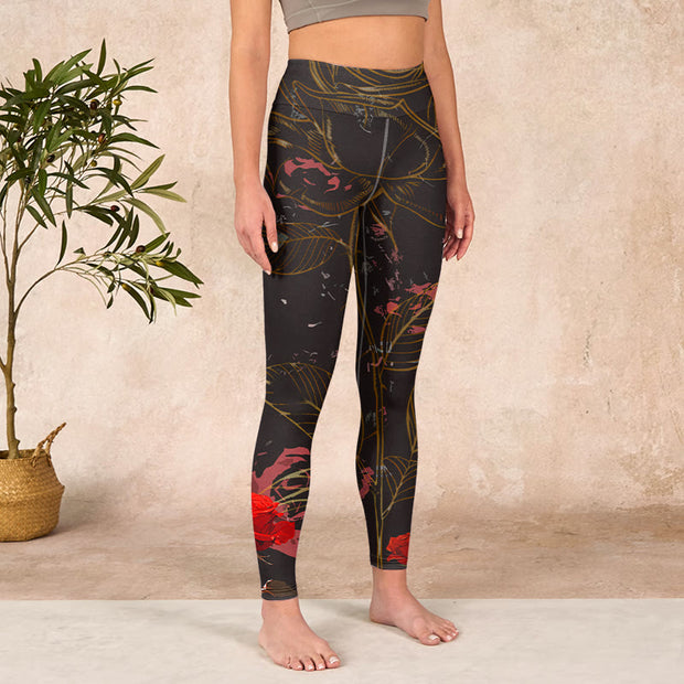 Buddha Stones Red Roses Print Gym Leggings Women's Yoga Pants